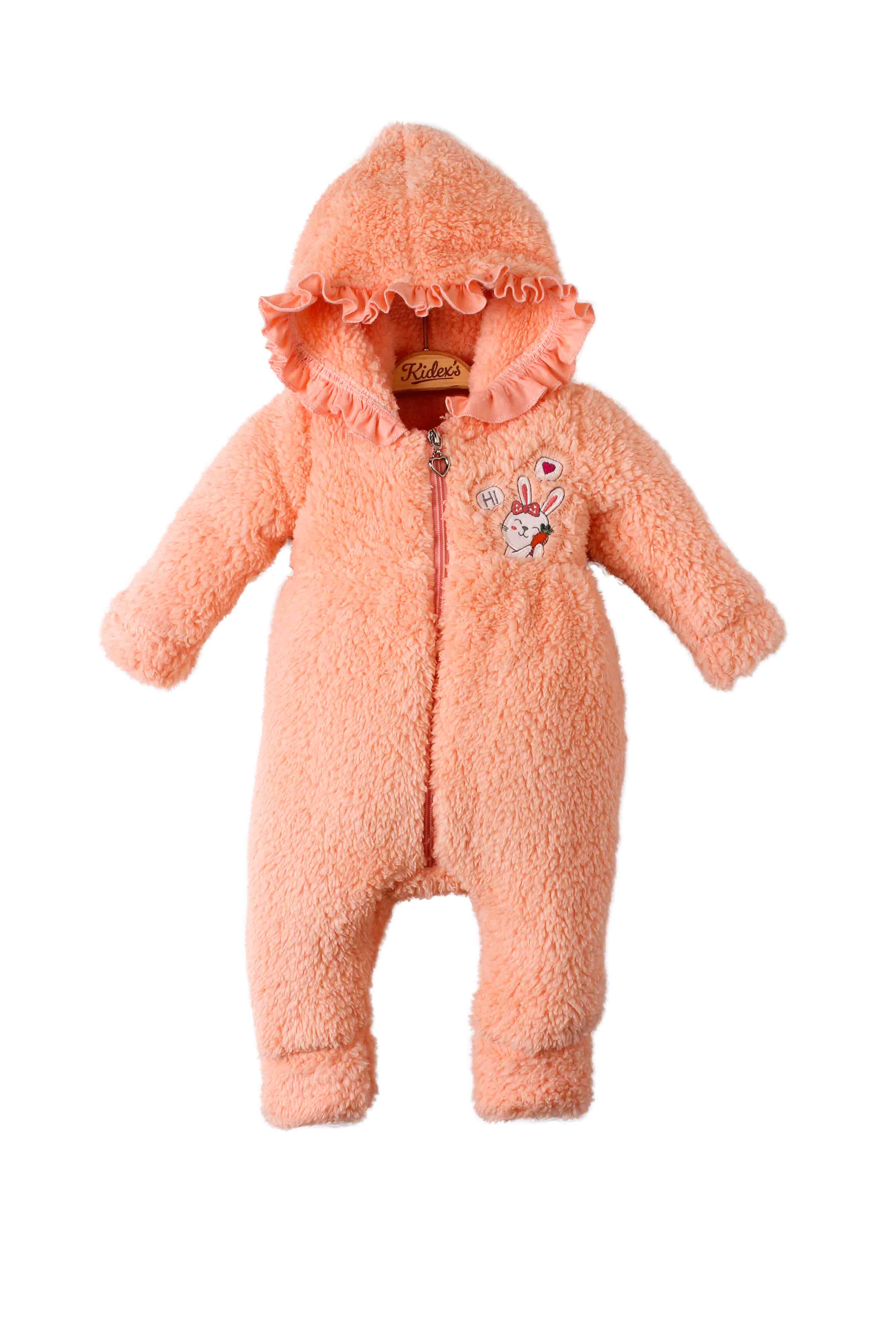 Kız Bebek Tavşan Nakışlı Fırfırlı Kapüşonlu Fermuarlı Peluş Tulum 3 12 Ay